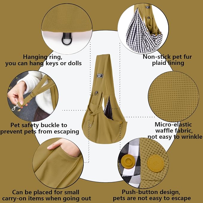 Dog Sling Carrier Soft Breathable for Small Dogs Cats 3-12 lb Khaki | Cat sling & dog carrier sling with safety tether, organizer pocket, soft fabric. Perfect for travel, hiking,outdoor