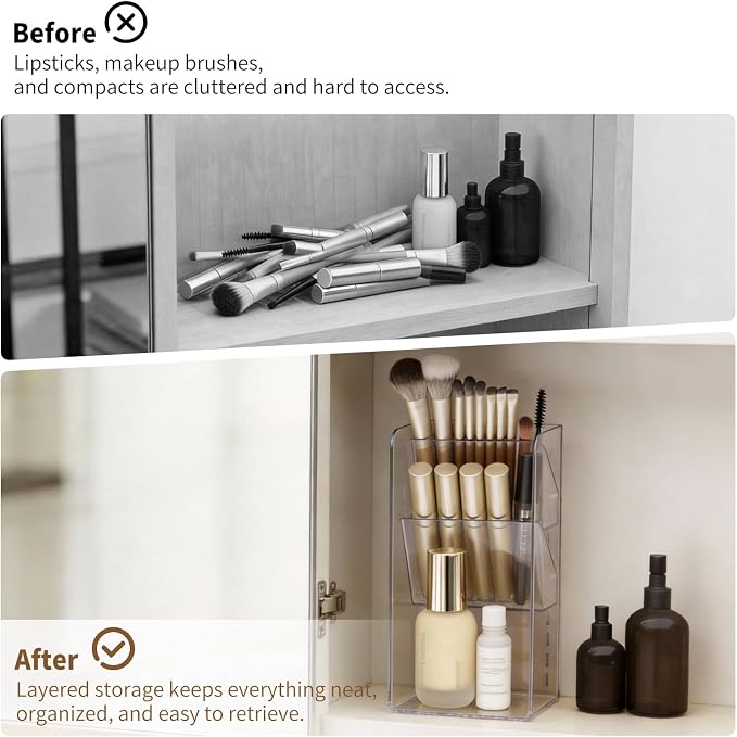 PAVSTINE Medicine Cabinet Organizer with Adjustable Dividers, Clear Open Storage Compartment, Space-Saving Makeup Brush Holder for Bathroom, Wall Cabinet, Vanity Countertop (2-Tier Full Slant)