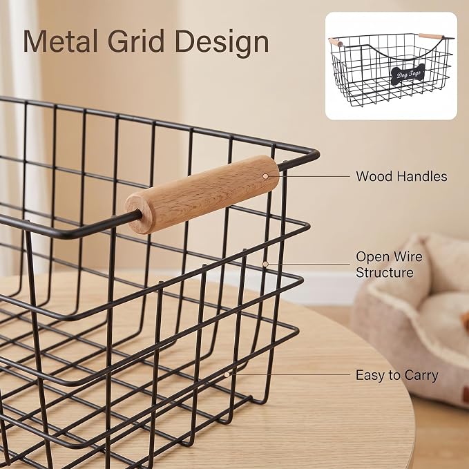 Dog Toy Basket, Metal Dog Toy Bin with Wooden Handles | Sturdy Wire Pet Storage Basket Organizer for Dog Toys, Leashes, Treats, Blankets and Grooming Supplies-14 x 9.4 x 6.6 in