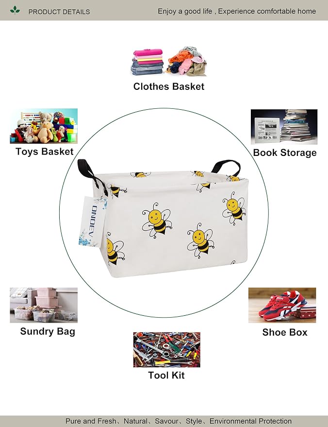 Rectangular Fabric Storage Bin, Foldable Bee print Basket | Damp-proof canvas with reinforced stitched handles.Great for clothes,books & sundries in closets,playrooms,laundry rooms.