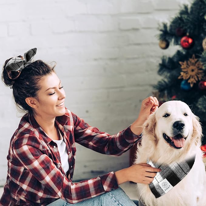 E-Clover White Black Plaid Dog Bandanas Matching Dog Bandana and Scrunchie | Matching Dog and Owner Clothes Dog Mom Gifts Dog Bandanas Girl Boy