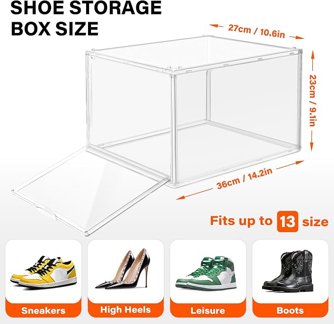 1 Pack Clear Acrylic Sneaker Boxes for Sneakers & High Tops,Fit Size 13 | 10.6 x 14.2 x 9.1 in deep narrow-front boxes for sneakers, athletic shoes and many high-top styles. Space saving storage
