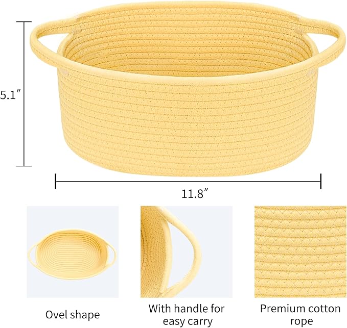 ABenkle Small Basket with Handles, Boho Decorative Rope Woven Dog Cat Toy Storage Bin Shelf Storage Organizer, Easter Christmas Gift Basket, 12"x8"x5"