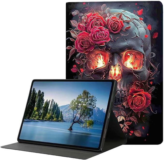 for Samsung Galaxy Tab A7 10.4" 2020 Tablet Case,Premium Leather Folio Stand Auto Wake/Sleep,Multiple Viewing Stand,Skull Rose Flowers