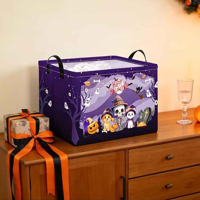 Purple Spooky Night Halloween Basket with Kitten Puppy Ghost Prints,Trick or Treat Storage basket for Gifts and Party Stuffers(Kitten Puppy Skeleton)