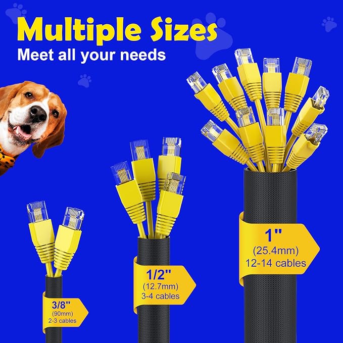 UOMTFAI Cord Protector from Pets No Chew 1” 10ft Cable Sleeve Black | Wire Protector, Cord Sleeve, Cord Management for HDMI, Charging Cable, USB