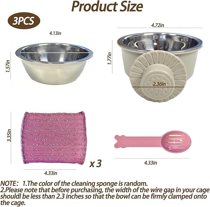 kathson Lightweight Stainless Steel Pet Bowls, Removable Crate Dog Bowl Hanging Pet Food Water Feeder Bowl, Cage Coop Cup for Puppy Cat Rabbit Ferret Birds Guinea Pigs (3pcs)