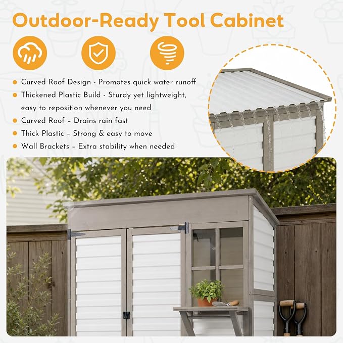 Large Outdoor Storage Cabinet with 3 Shelves, Weatherproof Shed for Outside | Fold-out Work Table, Dual-zone Shelves Keep Tools Organized, Clear Window, 6 Hooks, Anti-tip, Fits Patio, Garden, Garage