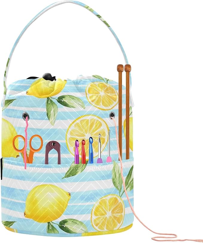 Fustylead Watercolor Lemon on Light Blue Striped Yarn Storage Bag and Knitting Crochet Tote, Large Yarn Drawstring Basket for Crocheting Kit, Project, Sewing Supplies, Needles