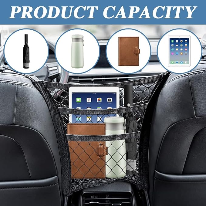 3-Layer Car Mesh Organizer, Seat Back Net Bag, Barrier of Backseat Pet Kids, Cargo Tissue Purse Holder, Driver Storage Netting Pouch