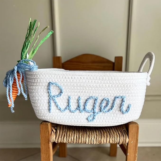 Personalized Cute Small Woven Basket with Handles, Custom Cotton Rope Room Shelf Storage Basket, Empty Decorative Gift Basket, Decorative Round Bin for Nursery Bedroom Bathroom (Style C)