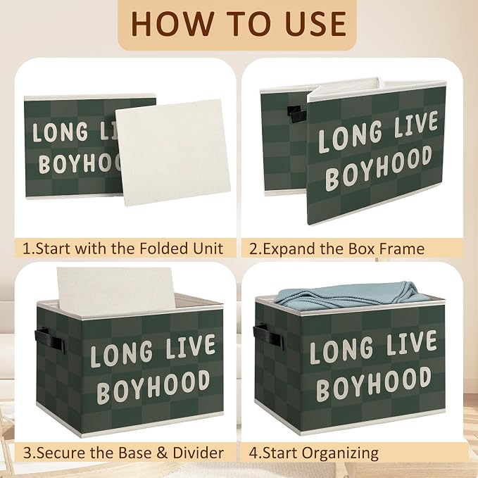 Boy Nursery Foldable Storage Bins Box with Handles, Long Live Boyhood Green Checkered Decorative Storage Boxes Baskets Toybox Organizer for Kids Boy Nursery Toddler Room Bedroom Playroom