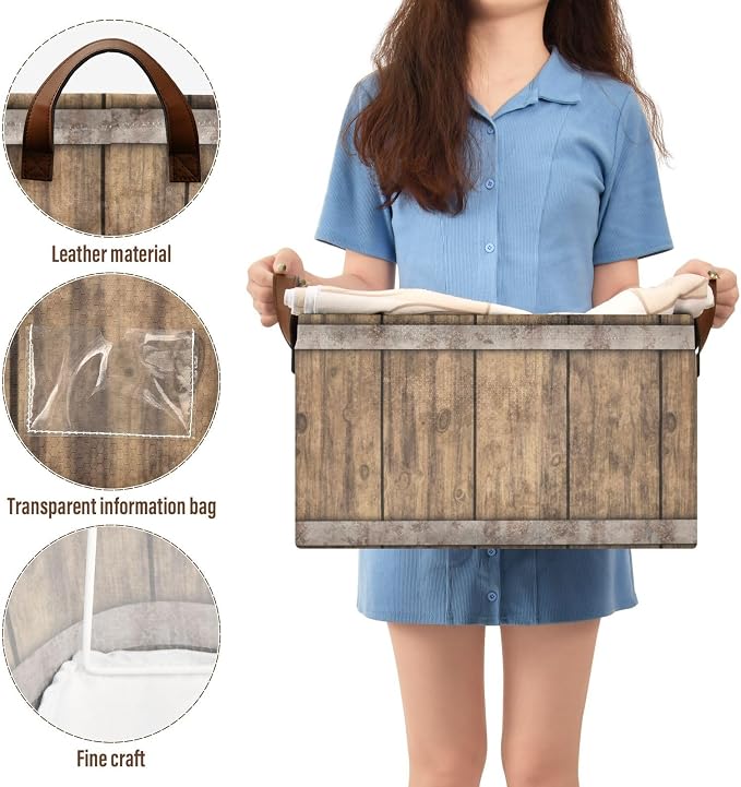 Rust Light Brown Wood Grain Storage Basket Foldable Cube Storage Bins with Handles&Label Collapsible Organizer Box Bin Large Rectangle Decorative Baskets for Shelves Home Living Room Closet