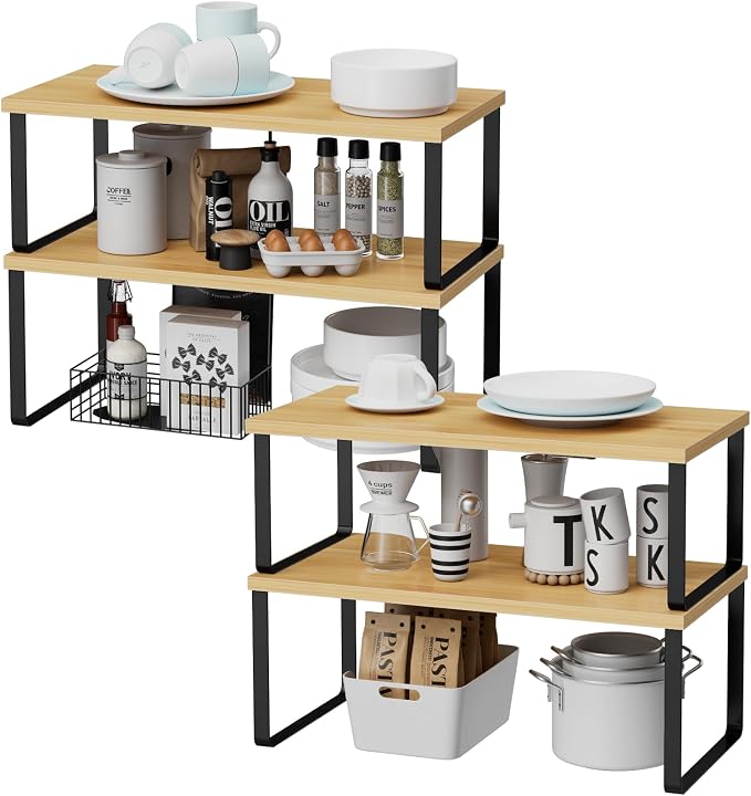 OGEMXU Cabinet Shelf Organizers, 15.7 inches Large Kitchen Counter Shelf, Set of 4 Wood Kitchen Pantry Organizer, Storage Shelves for Countertop, Spice Rack, Stackable, Expandable, Metal Black, Nature