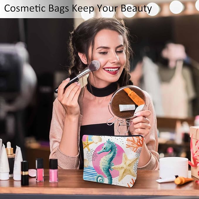 Makeup Bag Seahorse Makeup Bags For Purse Pouch, Sea Animal Coral Reef Seashell Seahorses Travel Toiletry Bag Cosmetic Bag Makeup Bags Flax Makeup Organizer Bag Pencil Pouch For Man Woman
