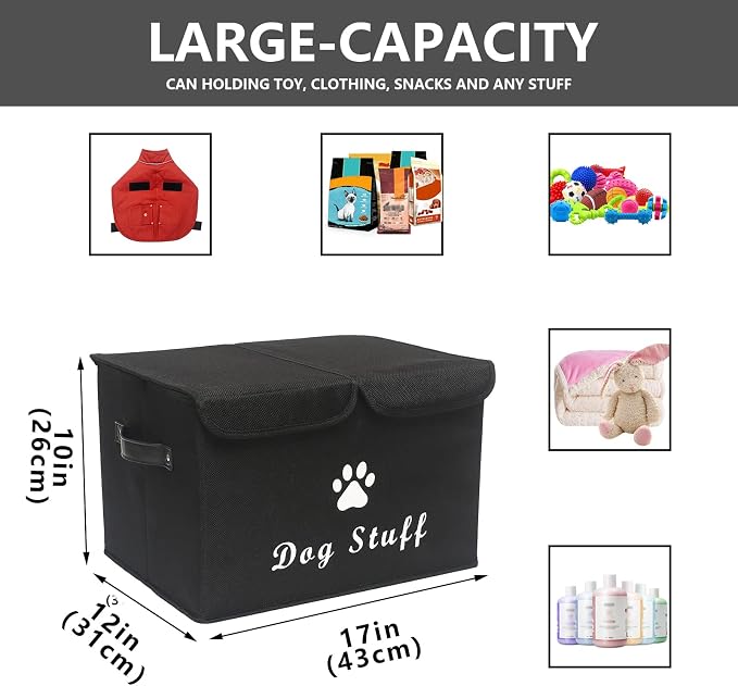 Morezi Large Dog Toy Storage Box with Lid Basket Organizer - Perfect Collapsible Bin for Living Room, Playroom, Closet, Home Organization - Dog - Black
