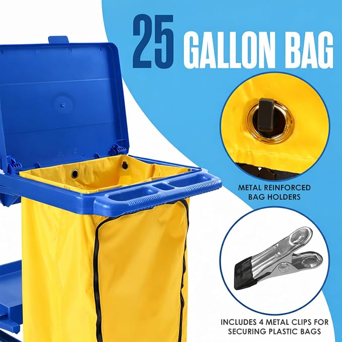 Cleaning Cart, Janitorial Cart, Cleaning Caddy with Wheels, Maid 440 LB | Houseables for Housekeeping, Janitor, Custodian, House Keeping, Maintenance, Rolling Supply Organizer, Custodial, Commercial