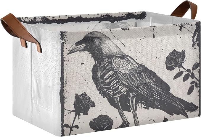 Gothic Skeleton Crow Roses Storage Bins for Shelves with Labels&Handles Fabric Organizer Bin Foldable Rectangle Storage Basket Boxes for Closet, Bathroom, Home, Living Room