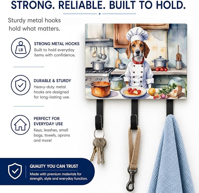 Caroline's Treasures English Foxhound The Chef Leash or Key Holder Wall Hooks, Key Hooks Holder, Coat Rack Wall Mount, Coat Hooks, Hooks for Hanging Keys, Towels, Aprons, Leashes | English Foxhound The Chef artwork on ceramic tile with three steel hook...