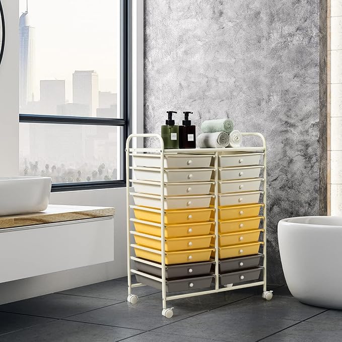 20 Drawer Rolling Storage Cart, Art Cart Organizer with Wheels for Makeup, Tool, Paper, Multipurpose Craft Storage Cart with Drawers for Office, Home, Classroom, Teacher, School (Yellow)