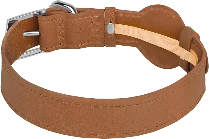 Leather Dog Collar with Airtag Holder - Apple Air Tag Dog Collars - Soft Tracking GPS Pet Collar for Small Medium Large Dogs Breed Puppy (Brown, XL, 19"-24" Neck Fit)