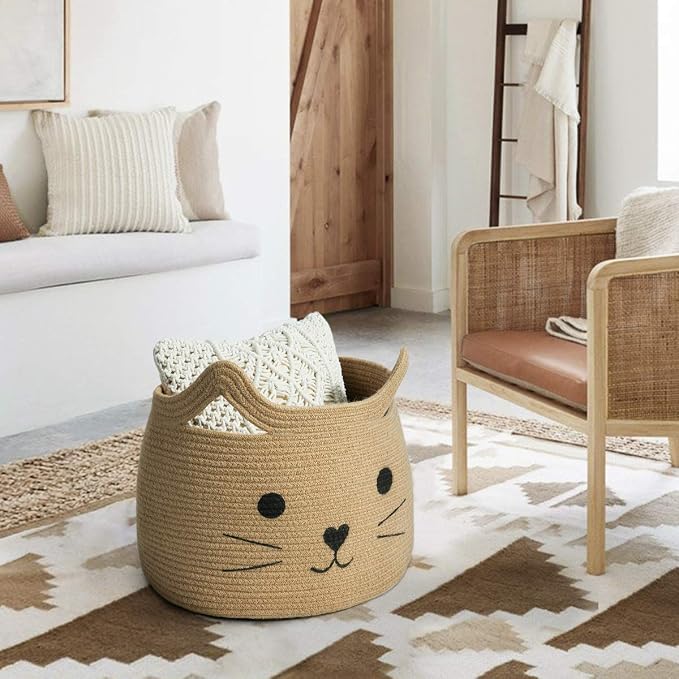 Large Woven Rope Cat Toy Basket with Cat Face Design, Jute | 15.7" x 11.8" Toy Bin & Box for Living Room Nursery, Baby Storage Basket for Towels, Blankets, with Sturdy Handles