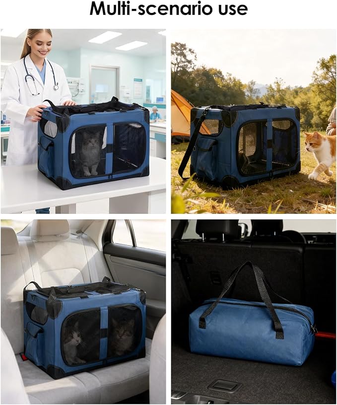 Extra Large 2-Cat Foldable Pet Travel Carrier,24"x17"x17",Blue | Removable Divider, Metal Frame Support, Breathable Mesh Panels, With Storage Tote & Padded Straps