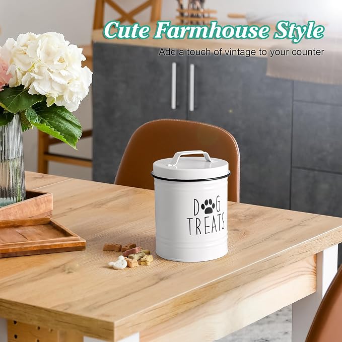 OUTNILI Small Dog Treat Container Airtight - 6" Tall X 4.9" Round White Dog Treat Jar for Kitchen Counter - Rustic Treat Storage Canister for Dogs, Cats, Small Animals - Gifts for Pet Owners