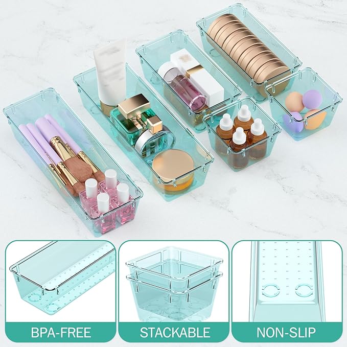 12 Pack Clear Drawer Organizer Set, Drawer Storage Trays, Storage Bins | Acrylic Drawer Storage Trays, Storage Bins for Makeup, Cosmetics, Jewelries, Utensils, Gadgets, Office