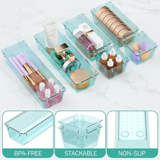 9 Pack Clear Drawer Organizer Set, Drawer Storage Trays, Storage Bins | Acrylic Drawer Storage Trays, Storage Bins for Makeup, Cosmetics, Jewelries, Utensils, Gadgets, Office
