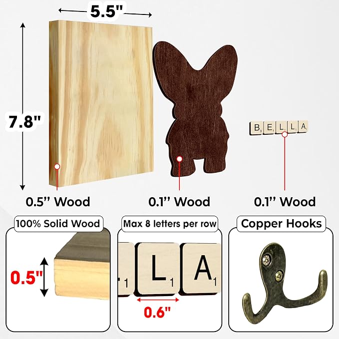 Corgi Dog Leash Holder Wall Mount with Scrabble Letters, Wooden Dog Wall Hook Organizer, Pet Collar and Harness Holder, Entryway Key Hook and Leash Rack, Pet Lovers Gift Decor PF297-29