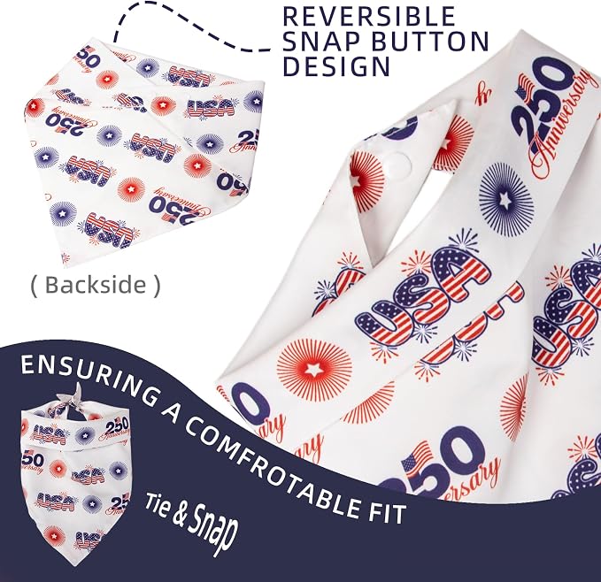 250th Anniversary Dog Bandana, American Flag Triangle Scarf, Adjustable Snap Button Patriotic Neckwear for Small & Medium Breeds (5-30lbs)
