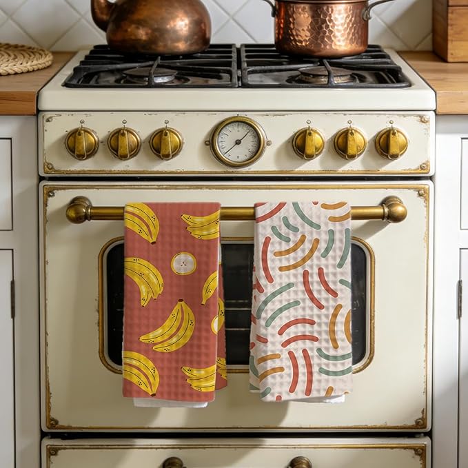 Banana Waffle Weave Kitchen Towels Set, Quick Dry Multipurpose Hand Towels for Bathroom, Absorbent Reusable Cloth Tea Dish Towels for Home Decor, Banana Lover Gift Towel Set of 2