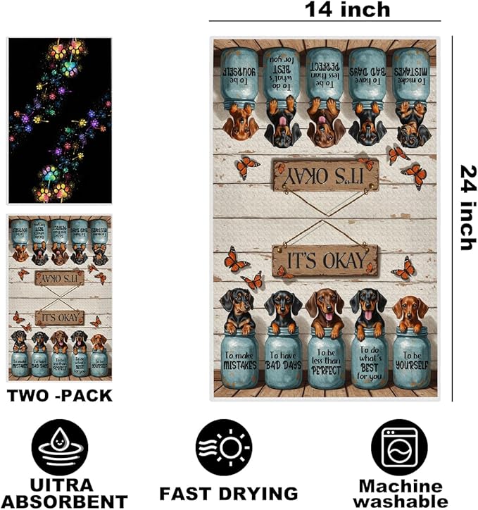 2 Pcs Dachshund Kitchen Towels 24x14 Inch, Weiner Dog Reusable Dish Towels for Kitchen Bathroom Decor, Waffle Weave Dog Paw Print Hand Cloth Tea Towel, Dachshund Gifts for Women Mom Friend