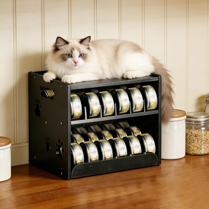 JALZ JALZ Bamboo Cat Food Can Dispenser 2-Tier Gravity Pet Food Storage Rack | Made of durable, natural bamboo that complements any kitchen or pantry decor