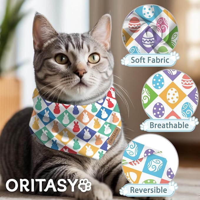 Easter Dog Bandanas, 2-Pack Triangle Reversible Bunny Eggs Pet Scarves, Premium Fabric, Bandana for All Boys Girls Dogs (Checkered, One Size)