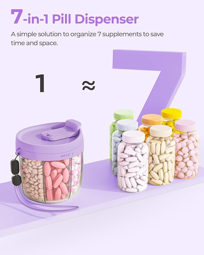 AMOOS Cute Pill Dispenser with Anti-Mix Design, 7-Slot, BPA-Free, Patented | Portable Travel Pill Organizer, Wide Mouth for Easy Access, Pill Bottle Organizer for Vitamins, Fish Oils, Supplement, Purple