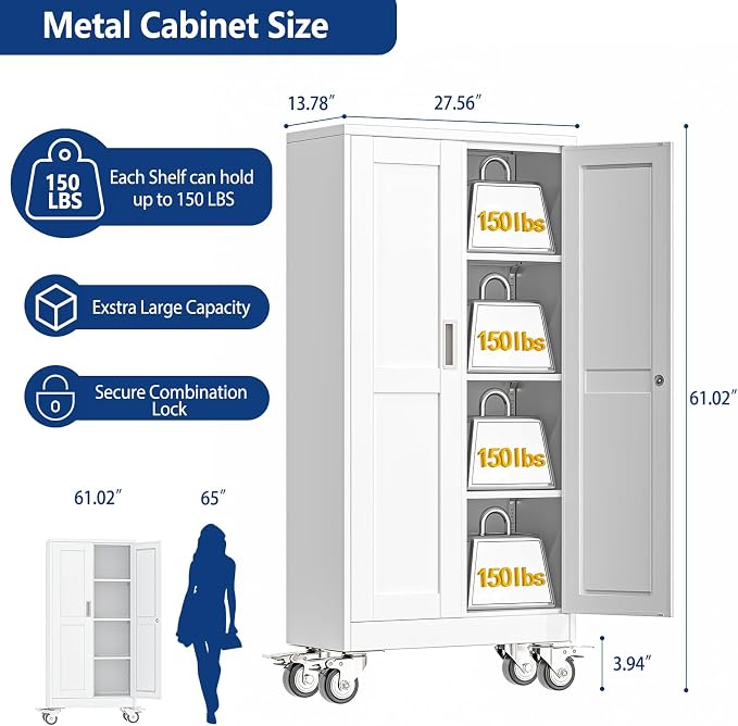 Ckzbx Metal Garage Storage Cabinet with Locking Doors and Adjustable Shelves,61" H Rolling Tool Storage with Wheels for Garage,Office (White)