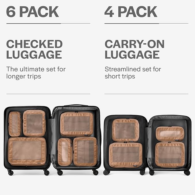 Compression Packing Cubes for Travel, 4-Pack, Mocha | Solves overpacking, 4-Piece set fits most carry-ons, 50% Space savings, Compression luggage organizer bags