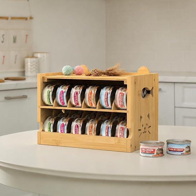 Cat Food Organizer Bamboo Adjustable Can Holder 36 (3oz) Cans | FIFO System, Efficient Storage, Easy Access, For Pet Feeding Area and Kitchen Cabinets