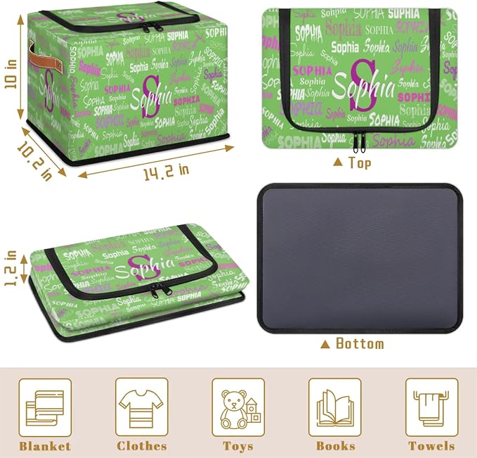 Custom Storage Baskets for Kids with Name, Light Grass Green Background Large Foldable Organizer Collapsible Storage Bin with Zipper Lid Leather Handle for Home Toys Closet Nursery