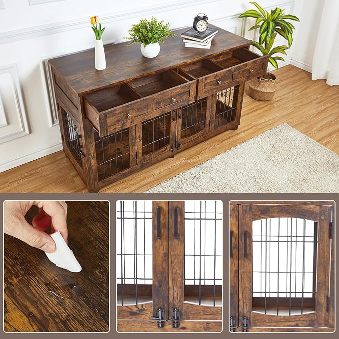 GarveeHome Large Dog Crate Furniture with 2 Drawers and Removable Divider | Detachable divider, dual storage drawers, heavy duty wood frame for two pet dogs indoor