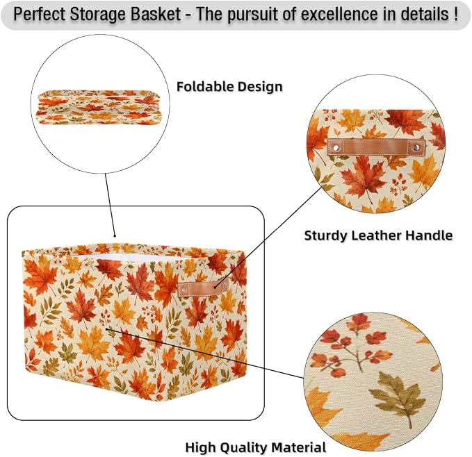 Leaf Fall Basket Storage Bins Rectangle Canvas Basket Cube Storage Box | Nursery Foldable Basket with Handle for Kids Girls Boys Toys Living Room Closet Organizer Shelf Gifts Autumn Fall