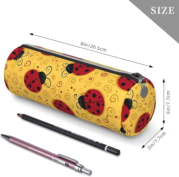 OSAM SPACE Leather Pencil Case Round Pencil Bag Cute Red Ladybugs Swirls Pen Organizer Holder Portable Zipper Pouch Cute School Supplies for Girls Boys Study Office