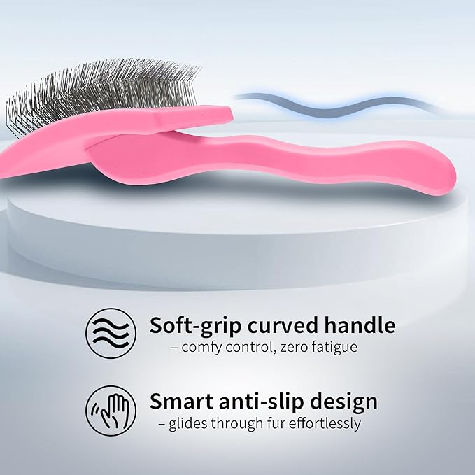 Pet Slicker Brush for Long & Short Hair - Detangling Tool for Dogs & Cats - 135° Angled Stainless Steel Pins, Curved Handle - Gentle Grooming for Small/Medium/Large Breeds (Pink)
