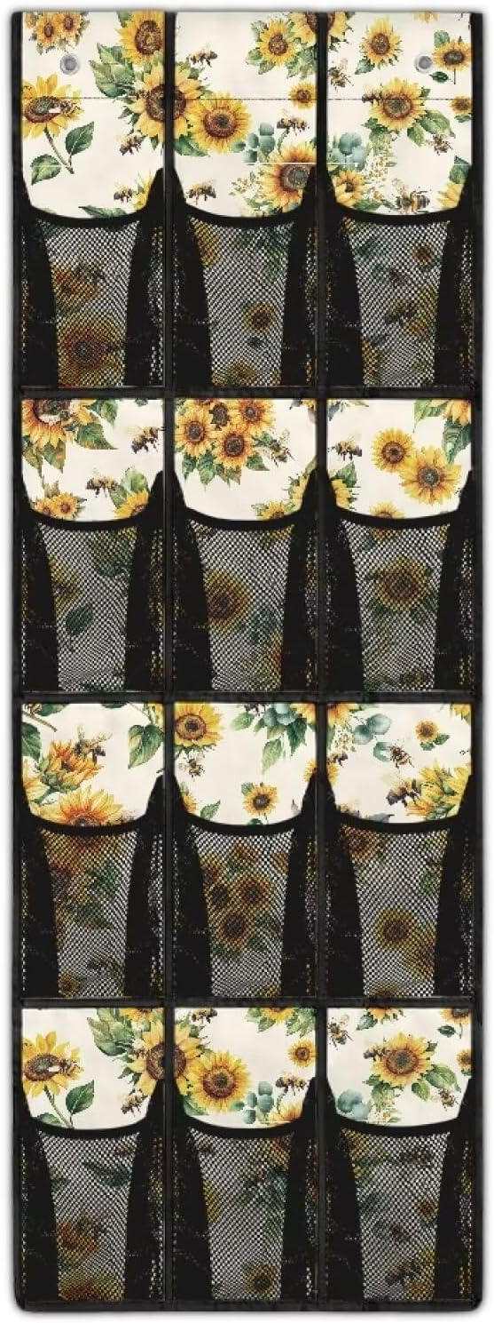 Sunflower Print Over the Door Shoe Organizer,Shoe Organizer Door Hanger with 12 Mesh Large Pockets,Space Saver,Unique Print