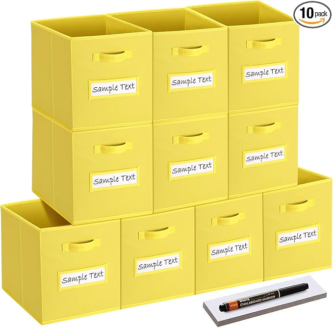 11x11 storage cube bins (Set of 10) Foldable Fabric storage cubes with 10 Labels Window Cards & a Pen,11 inch cube storage bin,Closet Organizers for Shelves,Cubby Organizer Boxes,Dark Yellow