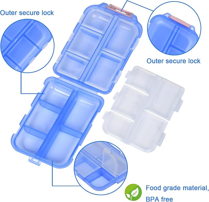 Travel Pill Organizer with 189 Medicine Labels, 10 Compartments Small Pill Case Compact and Portable Travel Pill Box for Airplane Car Purse Nurse Vacation Essentials (Blue, 1 Pack)