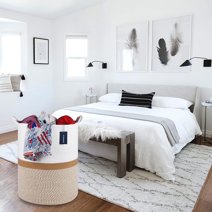 COMSE Tall Woven Blanket & Laundry Basket, 72L, Blend White & Camel | 15.7”x 21.7”, Cotton Rope, Large Nursery Hamper for Storage of Toys Clothes Towels, Great for Living Rooms Bedrooms Bathrooms
