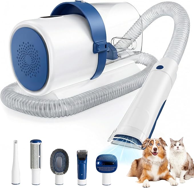 Sweetcrispy 2.5L Cup Professional Pet Grooming Vacuum Kit, 3 Suction Modes and 5 Groomer Tools with Cordless Low Noise Dog Clippers for Cats, Other Animals Hair Trimmer, White-Blue